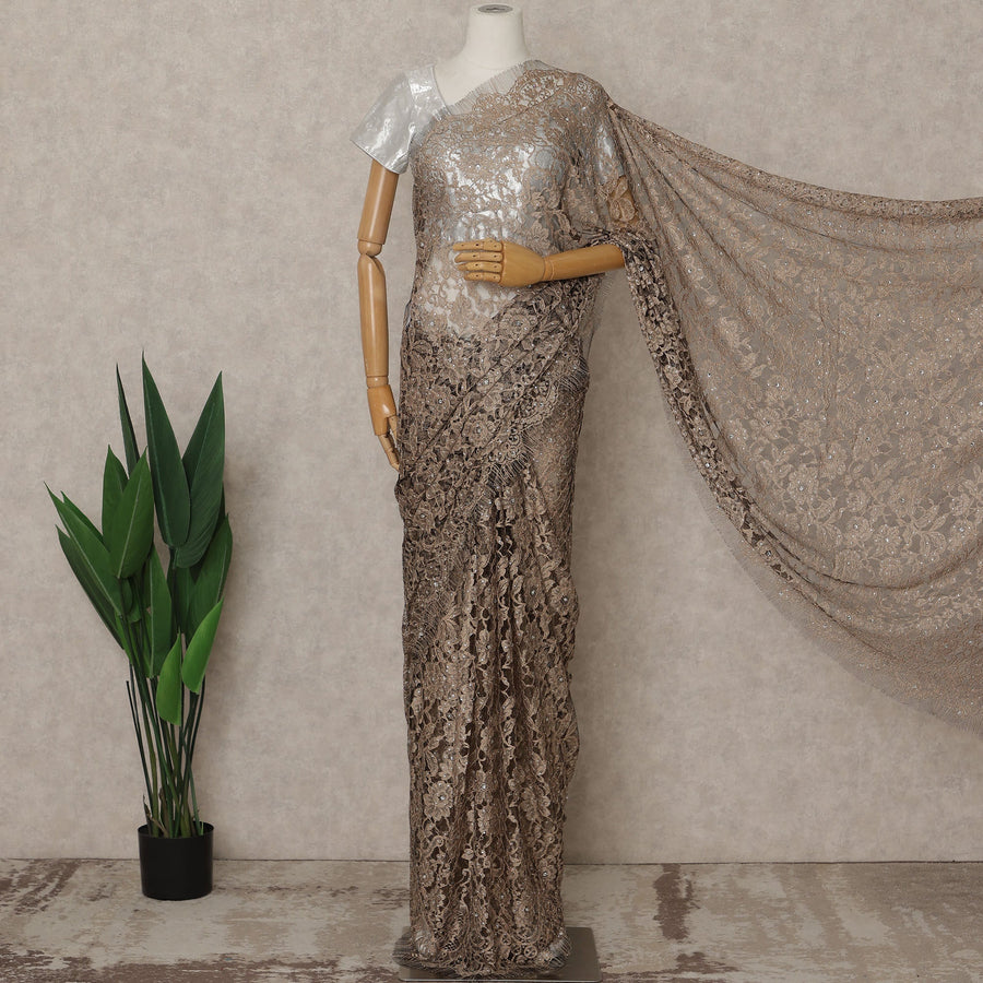 Mocha Brown Premium French Chantilly Lace Saree with Stone Work– 5.5 Meters Fabric Length, Width 110 cm, Imported from France  & Blouse Not Included-D26585