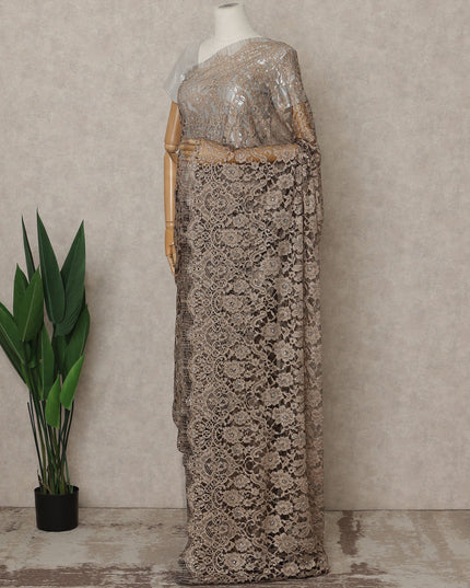 Mocha Brown Premium French Chantilly Lace Saree with Stone Work– 5.5 Meters Fabric Length, Width 110 cm, Imported from France  & Blouse Not Included-D26585