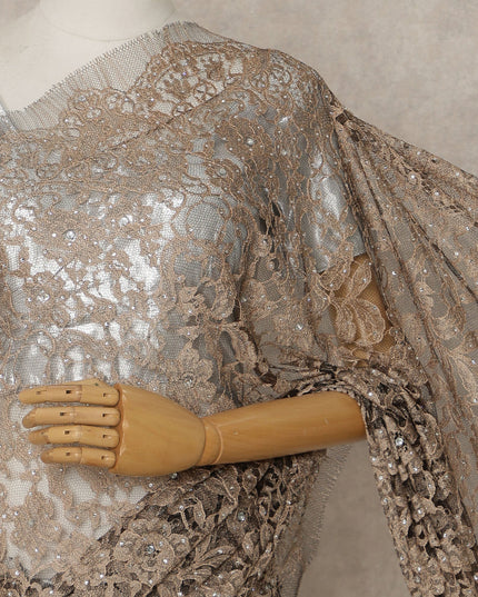 Mocha Brown Premium French Chantilly Lace Saree with Stone Work– 5.5 Meters Fabric Length, Width 110 cm, Imported from France  & Blouse Not Included-D26585