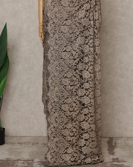 Mocha Brown Premium French Chantilly Lace Saree with Stone Work– 5.5 Meters Fabric Length, Width 110 cm, Imported from France  & Blouse Not Included-D26585