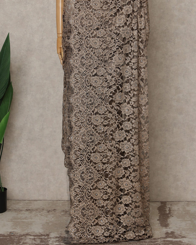 Mocha Brown Premium French Chantilly Lace Saree with Stone Work– 5.5 Meters Fabric Length, Width 110 cm, Imported from France  & Blouse Not Included-D26585