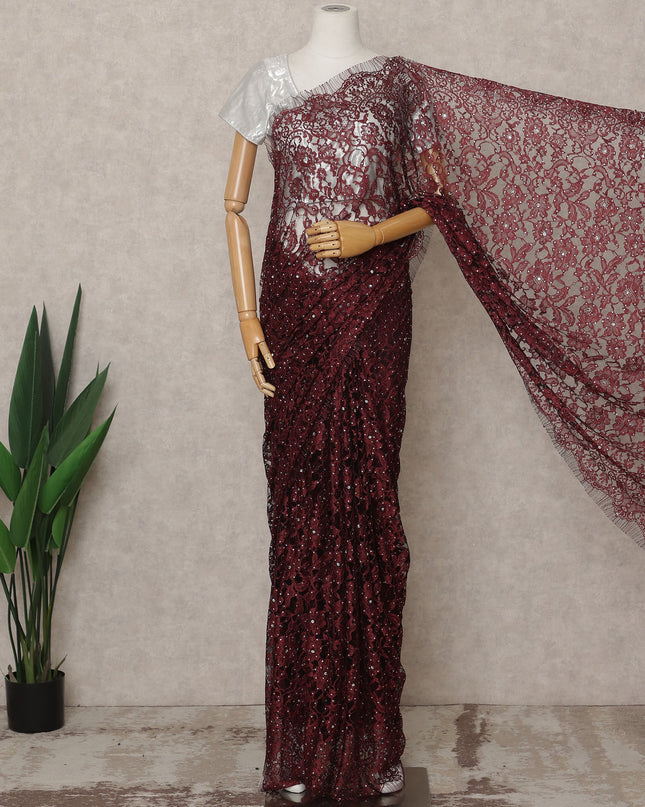Dusty Maroon Premium French Chantilly Lace Saree with Stone Work – 5.5 Meters Fabric Length, Width 110 cm, Imported from France  & Blouse Not Included-D26590