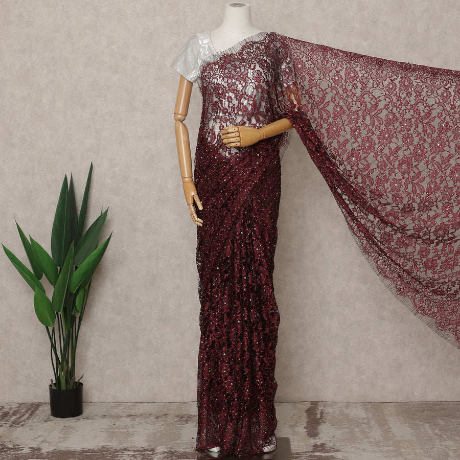 Dusty Maroon Premium French Chantilly Lace Saree with Stone Work – 5.5 Meters Fabric Length, Width 110 cm, Imported from France  & Blouse Not Included-D26590