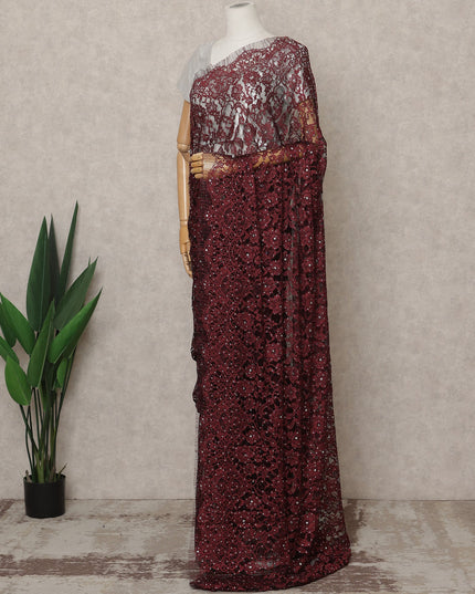 Dusty Maroon Premium French Chantilly Lace Saree with Stone Work – 5.5 Meters Fabric Length, Width 110 cm, Imported from France  & Blouse Not Included-D26590