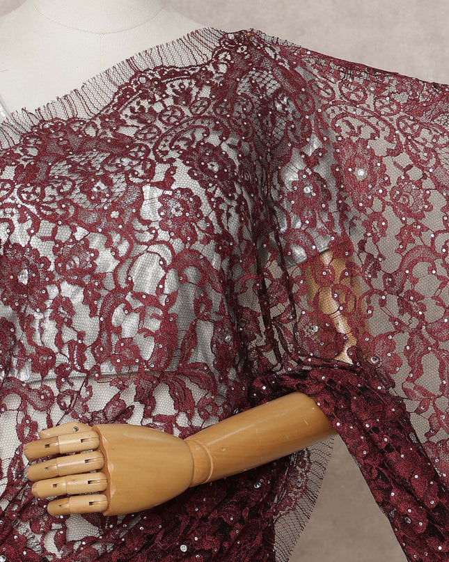 Dusty Maroon Premium French Chantilly Lace Saree with Stone Work – 5.5 Meters Fabric Length, Width 110 cm, Imported from France  & Blouse Not Included-D26590