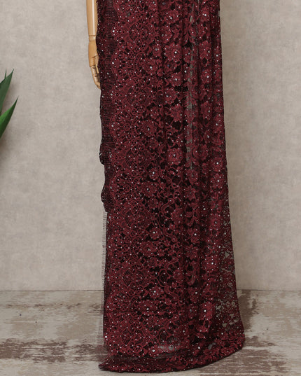 Dusty Maroon Premium French Chantilly Lace Saree with Stone Work – 5.5 Meters Fabric Length, Width 110 cm, Imported from France  & Blouse Not Included-D26590