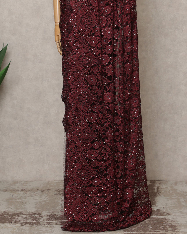 Dusty Maroon Premium French Chantilly Lace Saree with Stone Work – 5.5 Meters Fabric Length, Width 110 cm, Imported from France  & Blouse Not Included-D26590