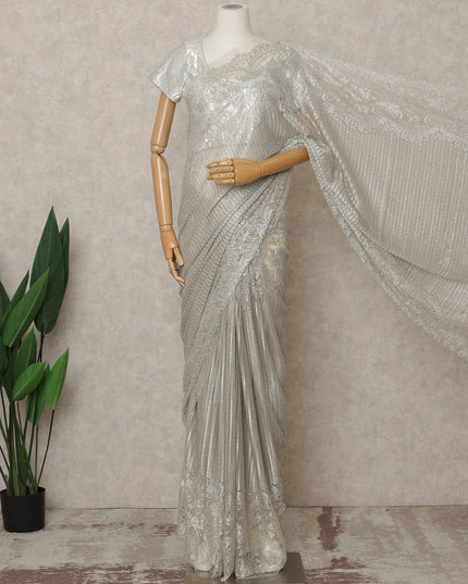 Beige Silver Premium French Metallic Chantilly Lace Saree with Stone Work, Width 110 Cms, 5.5 Mtrs, France-D25593