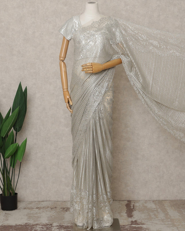 Beige Silver Premium French Metallic Chantilly Lace Saree with Stone Work, Width 110 Cms, 5.5 Mtrs, France-D25593