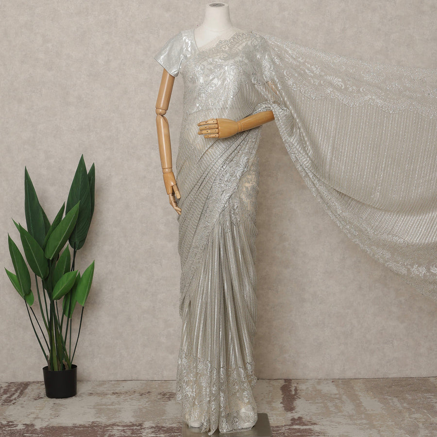 Beige Silver Premium French Metallic Chantilly Lace Saree with Stone Work, Width 110 Cms, 5.5 Mtrs, France-D25593