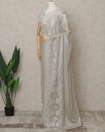 Beige Silver Premium French Metallic Chantilly Lace Saree with Stone Work, Width 110 Cms, 5.5 Mtrs, France-D25593