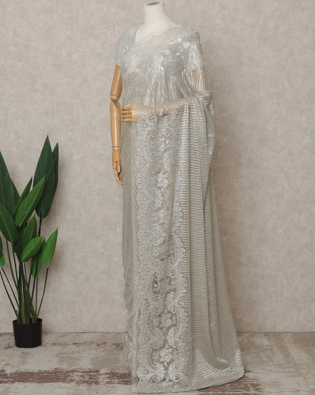Beige Silver Premium French Metallic Chantilly Lace Saree with Stone Work, Width 110 Cms, 5.5 Mtrs, France-D25593
