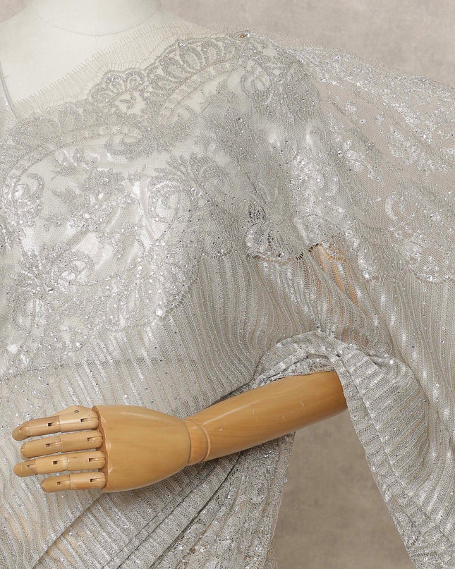Beige Silver Premium French Metallic Chantilly Lace Saree with Stone Work, Width 110 Cms, 5.5 Mtrs, France-D25593