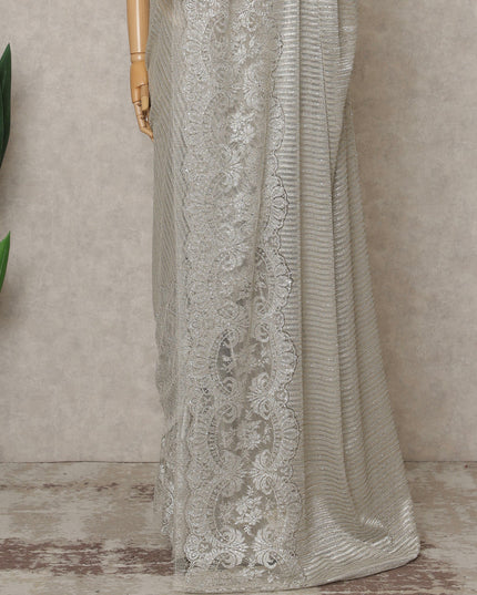 Beige Silver Premium French Metallic Chantilly Lace Saree with Stone Work, Width 110 Cms, 5.5 Mtrs, France-D25593
