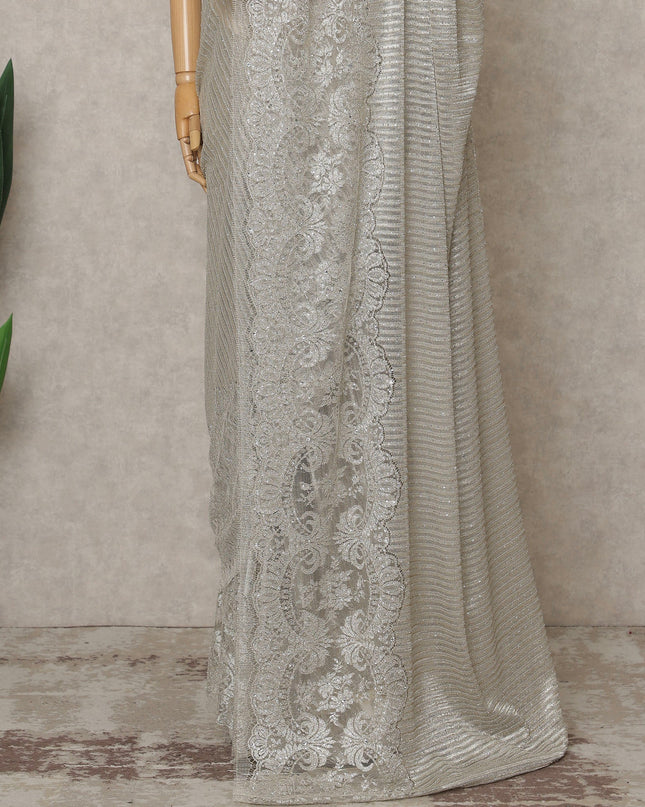 Beige Silver Premium French Metallic Chantilly Lace Saree with Stone Work, Width 110 Cms, 5.5 Mtrs, France-D25593