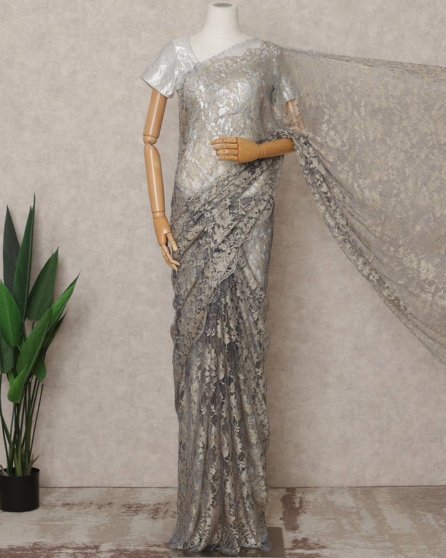 Beige & Blue Premium French 2-Tone Chantilly Lace Saree Fabric – 5.5 Meters Length, 110 Cms Width, Imported from France-D25708