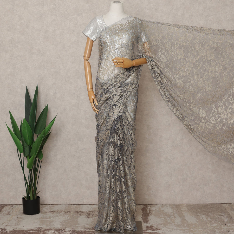 Beige & Blue Premium French 2-Tone Chantilly Lace Saree Fabric – 5.5 Meters Length, 110 Cms Width, Imported from France-D25708