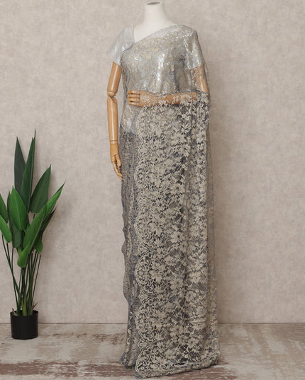 Beige & Blue Premium French 2-Tone Chantilly Lace Saree Fabric – 5.5 Meters Length, 110 Cms Width, Imported from France-D25708