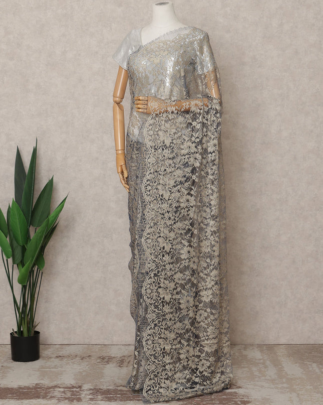 Beige & Blue Premium French 2-Tone Chantilly Lace Saree Fabric – 5.5 Meters Length, 110 Cms Width, Imported from France-D25708