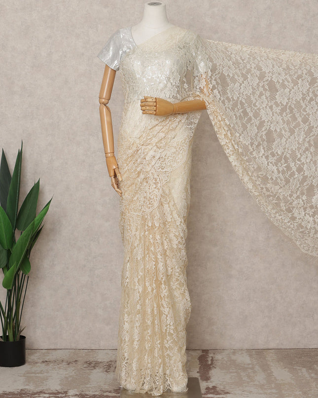 Ivory Premium French 2-Tone Chantilly Lace Saree Fabric – 5.5 Meters Length, 110 Cms Width, Imported from France-D25707