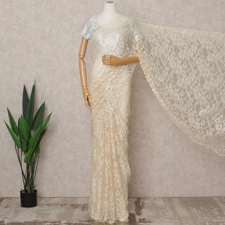 Ivory Premium French 2-Tone Chantilly Lace Saree Fabric – 5.5 Meters Length, 110 Cms Width, Imported from France-D25707