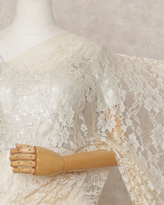 Ivory Premium French 2-Tone Chantilly Lace Saree Fabric – 5.5 Meters Length, 110 Cms Width, Imported from France-D25707