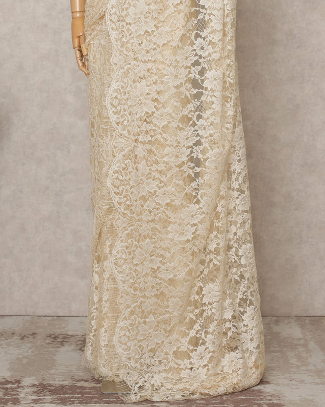 Ivory Premium French 2-Tone Chantilly Lace Saree Fabric – 5.5 Meters Length, 110 Cms Width, Imported from France-D25707