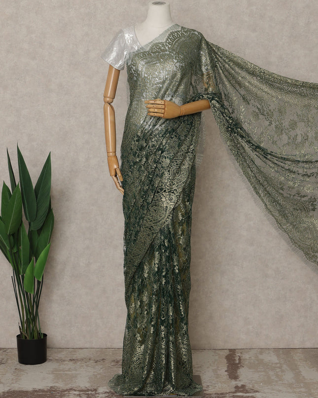 Olive Gold Premium French Metallic Chantilly Lace Saree – 5.5 Meters Fabric Length, Width 110 cm, Imported from France  & Blouse Not Included-D26572