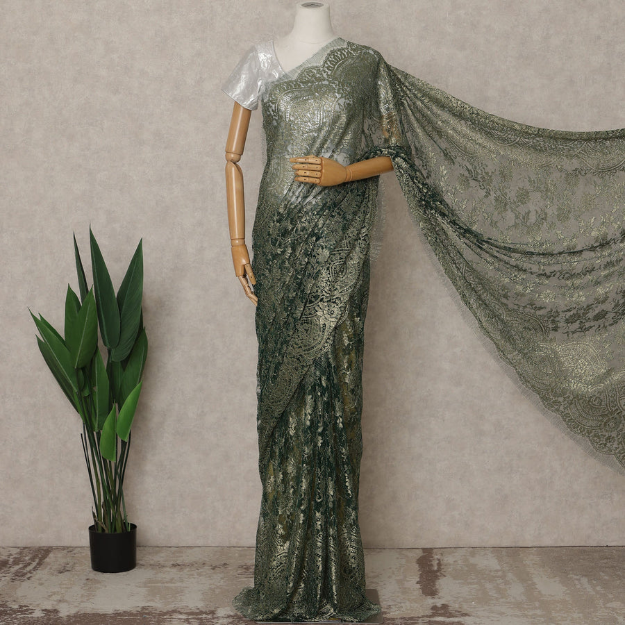 Olive Gold Premium French Metallic Chantilly Lace Saree – 5.5 Meters Fabric Length, Width 110 cm, Imported from France  & Blouse Not Included-D26572 Regal Fabrics