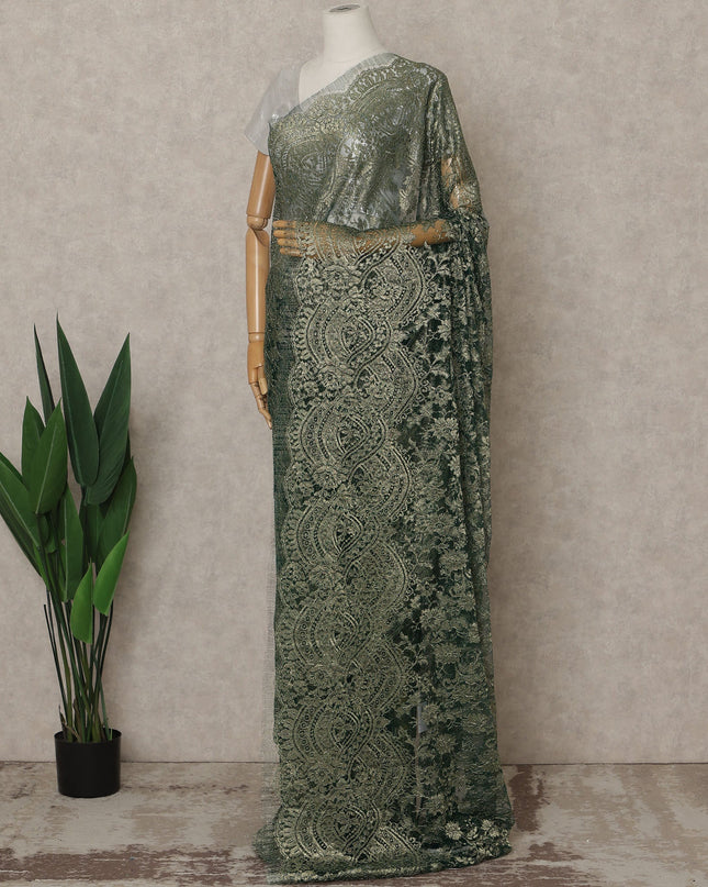 Olive Gold Premium French Metallic Chantilly Lace Saree – 5.5 Meters Fabric Length, Width 110 cm, Imported from France  & Blouse Not Included-D26572
