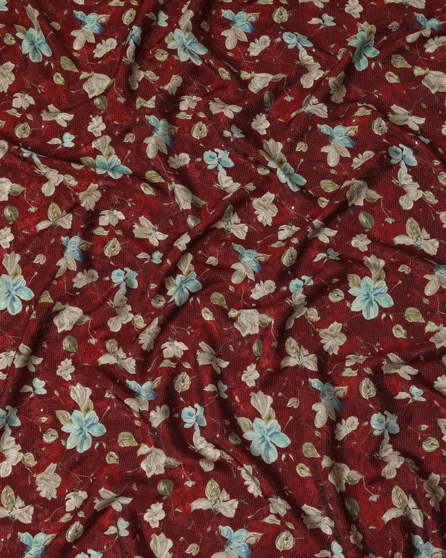 Maroon Blue Floral Printed Viscose Crepe Fabric 110 Cms Width Soft Flowing Lightweight Dress Material India-D27923