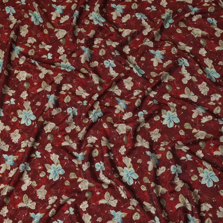 Maroon Blue Floral Printed Viscose Crepe Fabric 110 Cms Width Soft Flowing Lightweight Dress Material India-D27923 Regal Fabrics