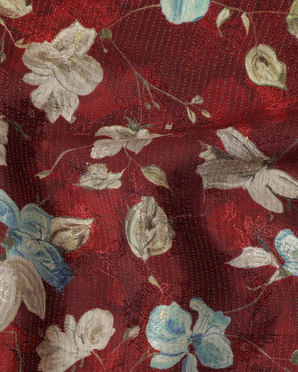 Maroon Blue Floral Printed Viscose Crepe Fabric 110 Cms Width Soft Flowing Lightweight Dress Material India-D27923 Regal Fabrics