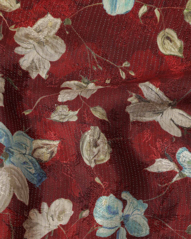 Maroon Blue Floral Printed Viscose Crepe Fabric 110 Cms Width Soft Flowing Lightweight Dress Material India-D27923