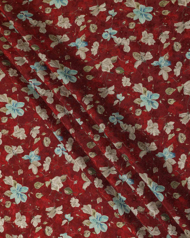 Maroon Blue Floral Printed Viscose Crepe Fabric 110 Cms Width Soft Flowing Lightweight Dress Material India-D27923