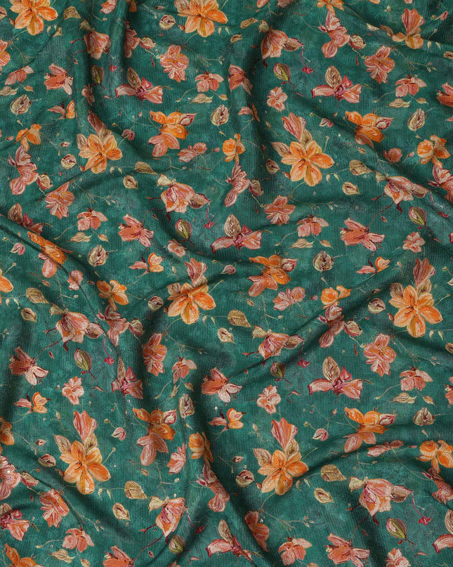 Teal Green Orange Floral Printed Viscose Crepe Fabric 110 Cms Width Soft Flowing Lightweight Dress Material India-D27921