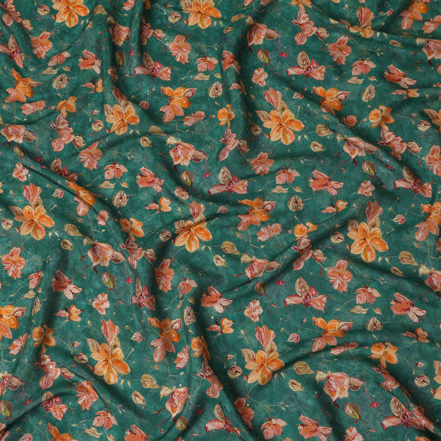 Teal Green Orange Floral Printed Viscose Crepe Fabric 110 Cms Width Soft Flowing Lightweight Dress Material India-D27921 Regal Fabrics