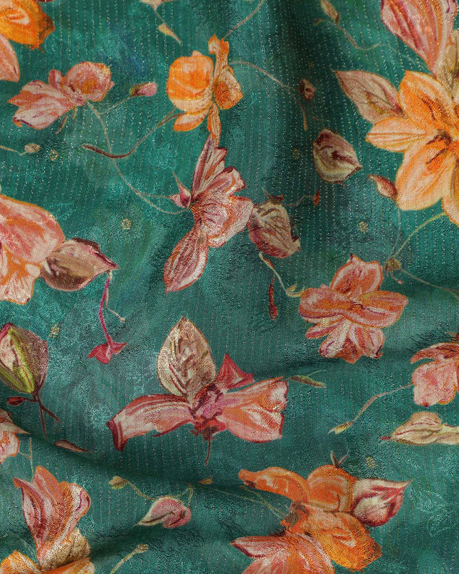 Teal Green Orange Floral Printed Viscose Crepe Fabric 110 Cms Width Soft Flowing Lightweight Dress Material India-D27921