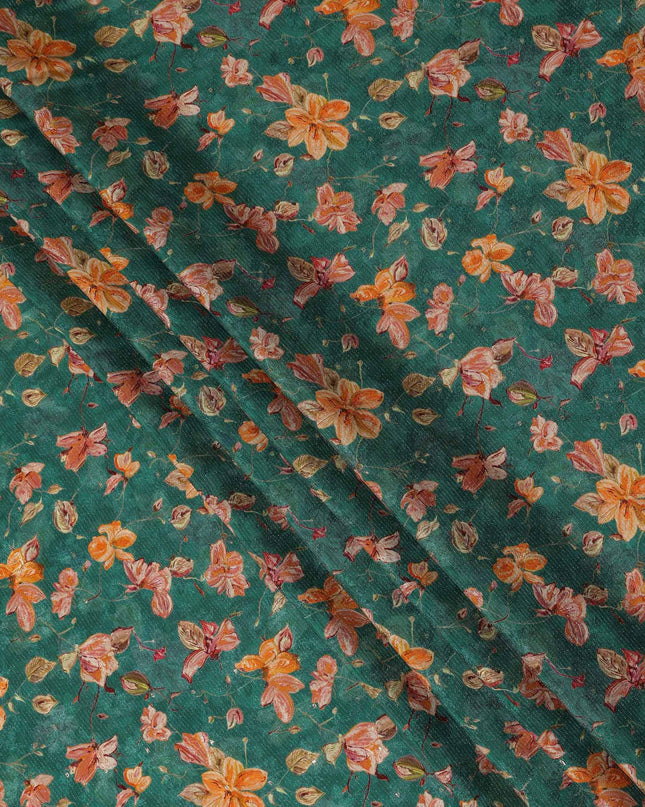 Teal Green Orange Floral Printed Viscose Crepe Fabric 110 Cms Width Soft Flowing Lightweight Dress Material India-D27921