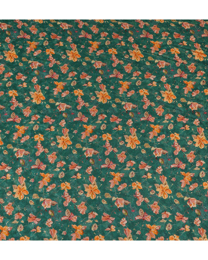 Teal Green Orange Floral Printed Viscose Crepe Fabric 110 Cms Width Soft Flowing Lightweight Dress Material India-D27921 Regal Fabrics