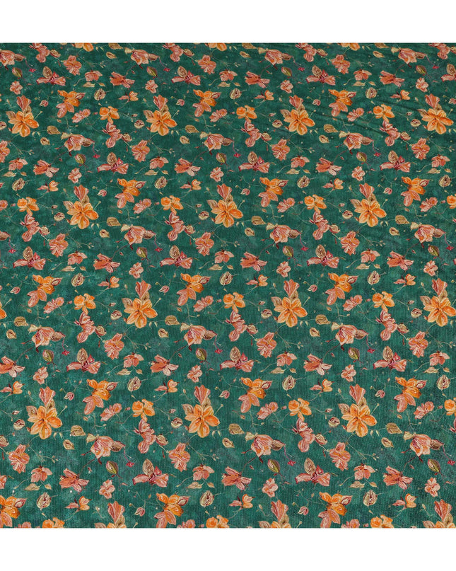 Teal Green Orange Floral Printed Viscose Crepe Fabric 110 Cms Width Soft Flowing Lightweight Dress Material India-D27921
