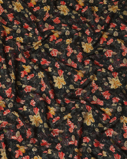 Black Red Yellow Floral Printed Viscose Crepe Fabric 110 Cms Width Soft Flowing Lightweight Dress Material India-D27922