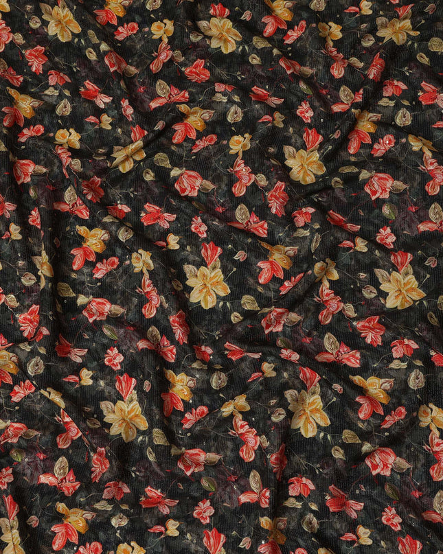 Black Red Yellow Floral Printed Viscose Crepe Fabric 110 Cms Width Soft Flowing Lightweight Dress Material India-D27922