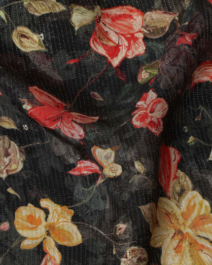 Black Red Yellow Floral Printed Viscose Crepe Fabric 110 Cms Width Soft Flowing Lightweight Dress Material India-D27922