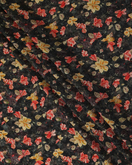 Black Red Yellow Floral Printed Viscose Crepe Fabric 110 Cms Width Soft Flowing Lightweight Dress Material India-D27922