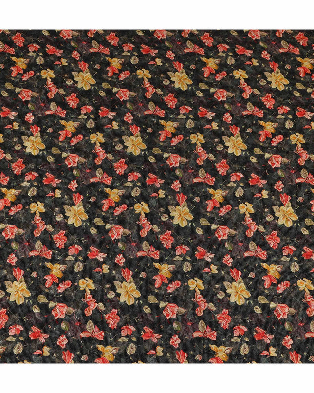 Black Red Yellow Floral Printed Viscose Crepe Fabric 110 Cms Width Soft Flowing Lightweight Dress Material India-D27922