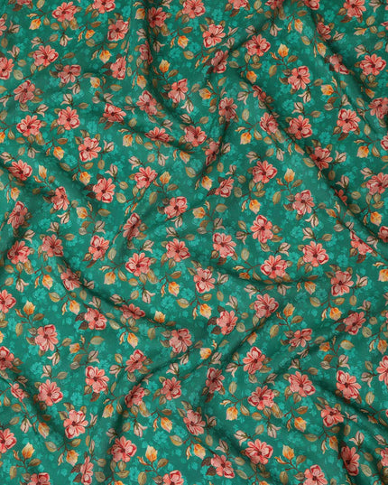 Teal Green Pink Floral Printed Viscose Crepe Fabric 110 Cms Width Soft Flowing Lightweight Dress Material India-D27920 Regal Fabrics