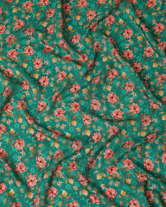 Teal Green Pink Floral Printed Viscose Crepe Fabric 110 Cms Width Soft Flowing Lightweight Dress Material India-D27920