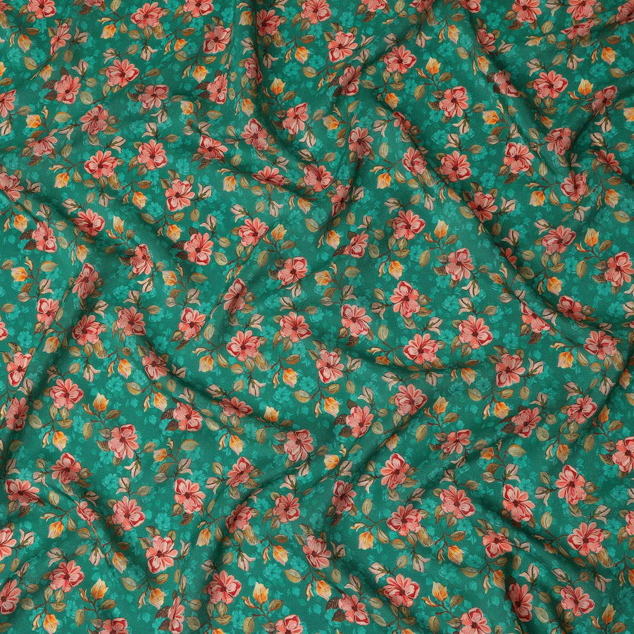Teal Green Pink Floral Printed Viscose Crepe Fabric 110 Cms Width Soft Flowing Lightweight Dress Material India-D27920 Regal Fabrics