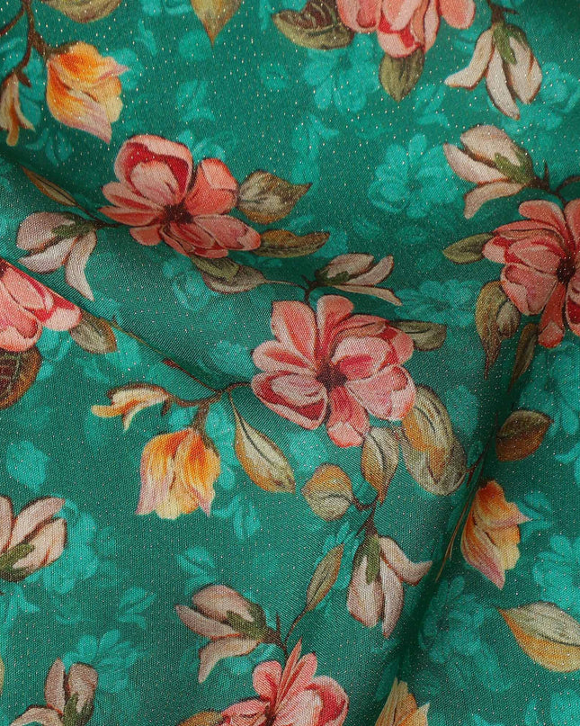 Teal Green Pink Floral Printed Viscose Crepe Fabric 110 Cms Width Soft Flowing Lightweight Dress Material India-D27920